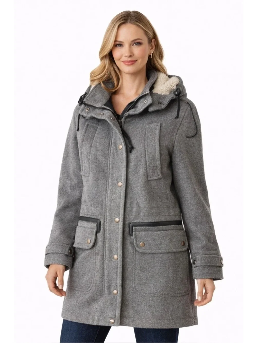Coach Gray Quilted-Lined Wool Coat with Shearling Trim